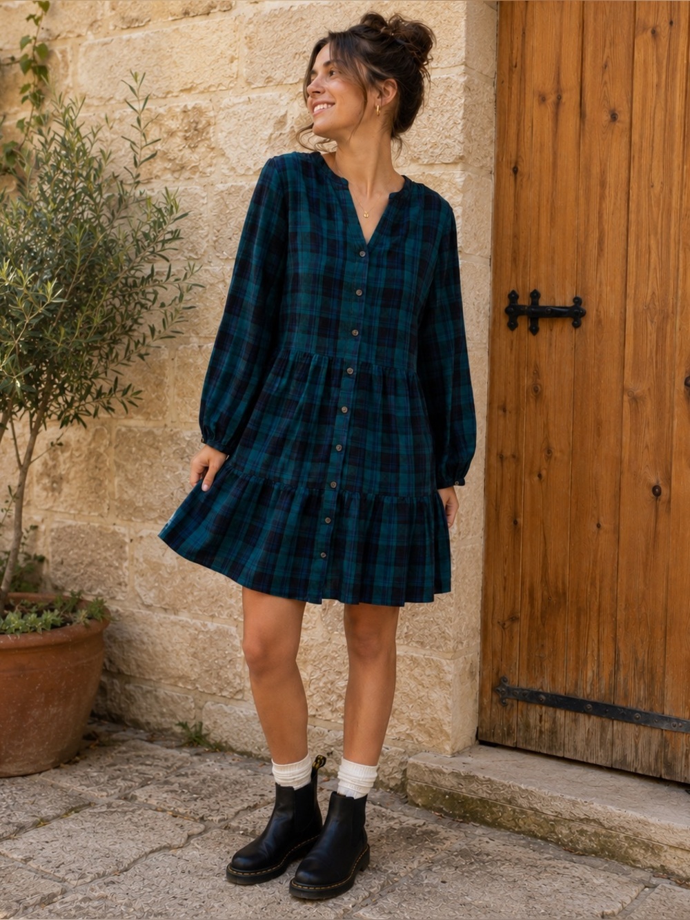 Time and Tru Blue Green Plaid Flannel Balloon Sleeve Cottage Dress, Size L, NWT